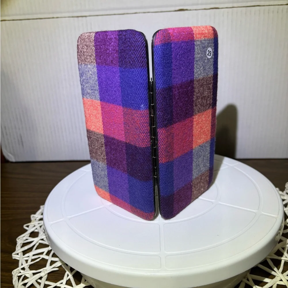 Plaid Wallet with Purple and Red Accents